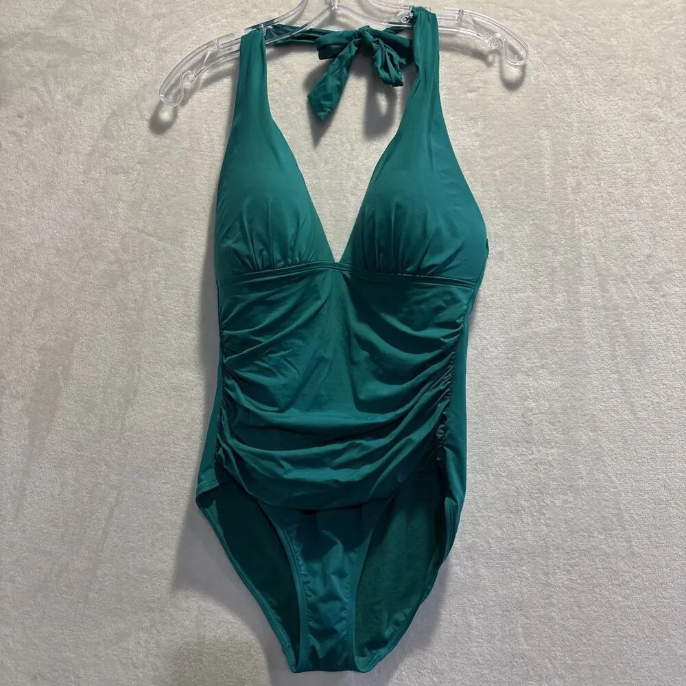 Lauren Ralph Lauren Women's Halter One-Piece Swimsuit Green Size 8 Ruched Beach